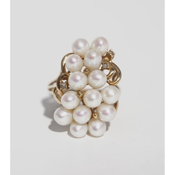 Vintage 14k Solid Yellow Gold Real Pearl & Natural Diamond Ring - Luster Cluster - Picture 9 of 12